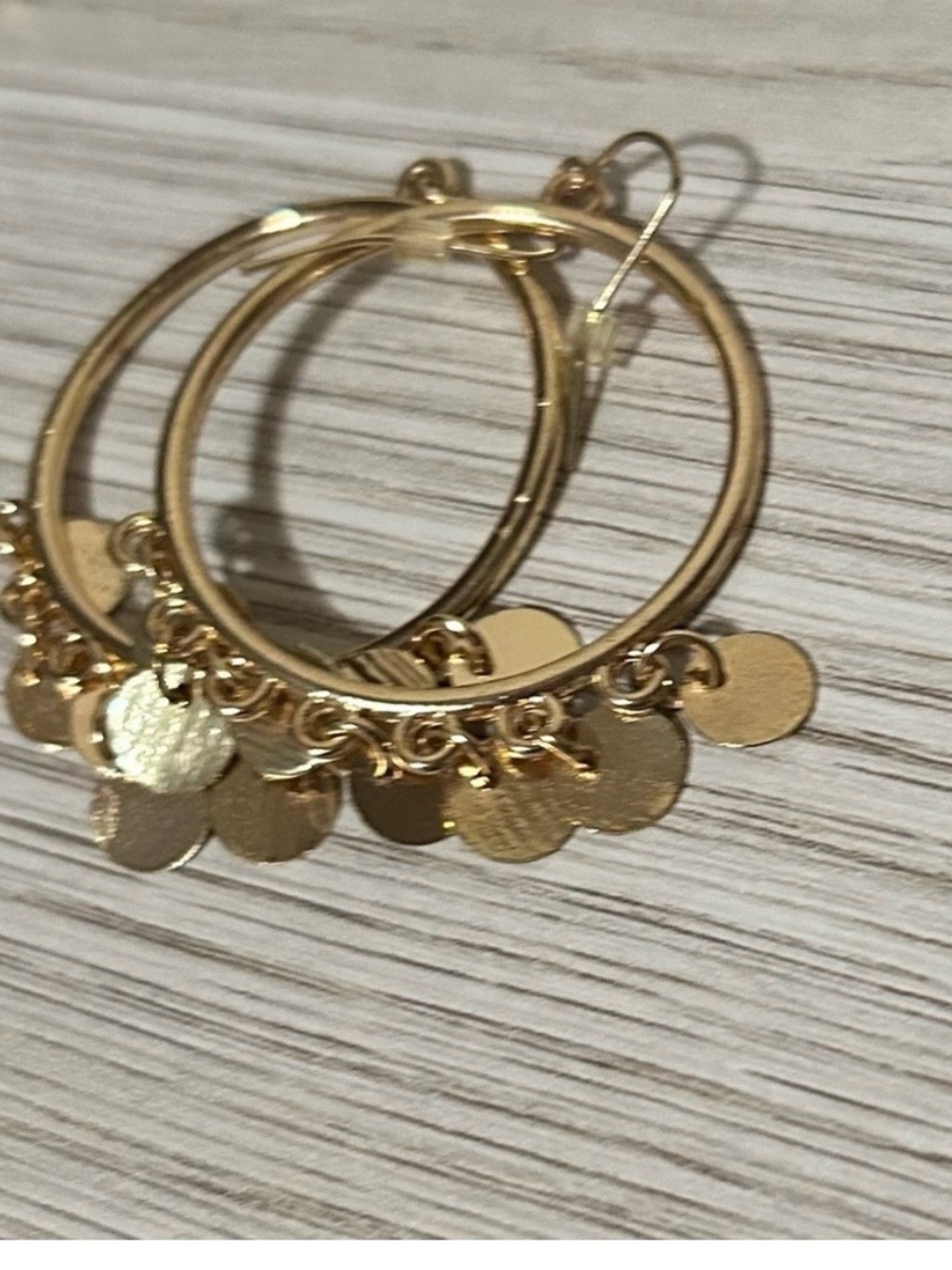Gold Dangle Hoop Earrings with Disc Charms